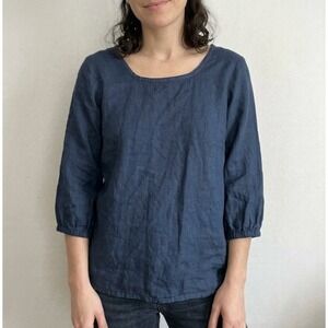 Terzo Millennio Navy Blue 100% Linen Scoop Neck 3/4 Sleeve Blouse Italy Small